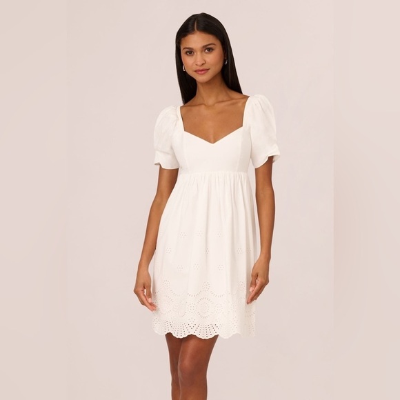 NWT Adrianna Papell Puff Short Sleeve Eyelet Dress with Empire Waist Ivory - Picture 1 of 16